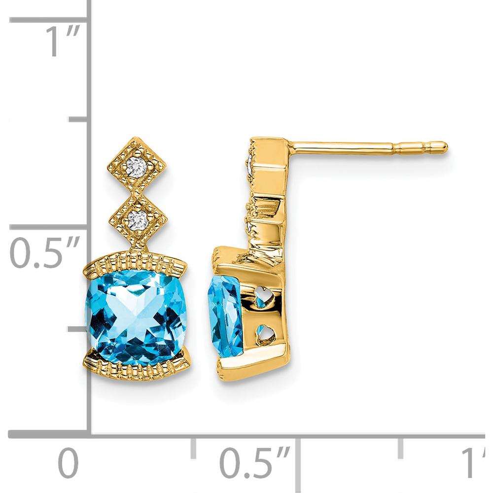 14K Yellow Gold Drop Earrings with Cushion Cut Swiss Blue Topaz and Round Diamonds - 1.19 Carat Total Gem Weight by Monteluci Fine Jewelry
