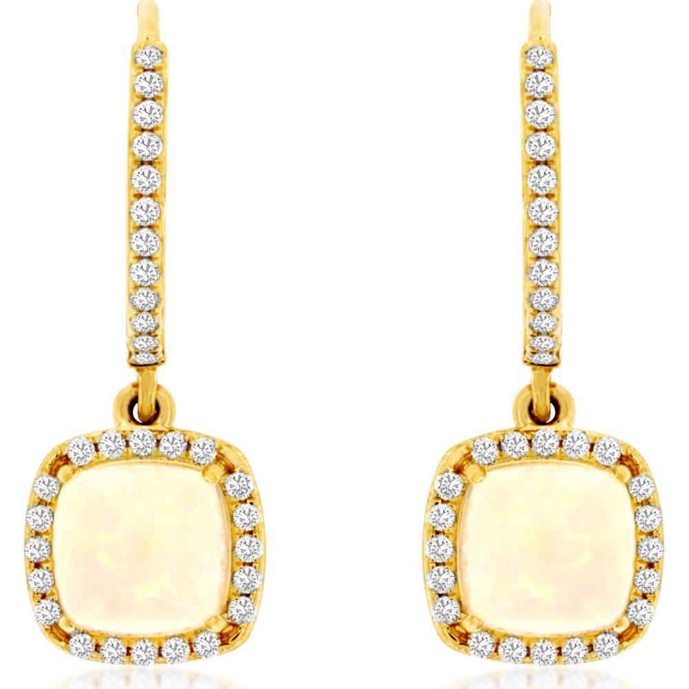 14K Yellow Gold Drop Earrings with Cushion Opals and Round Diamond Halos - 1.20 Carat Total Opal Weight and 0.25 Carat Total Diamond Weight - Royal Jewelry