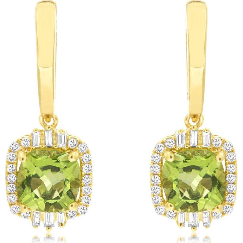 14K Yellow Gold Drop Earrings with Cushion Peridot and Diamond Halo Accents - 2.90 Carat Total Peridot Weight and 0.29 Carat Total Diamond Weight - Royal Jewelry