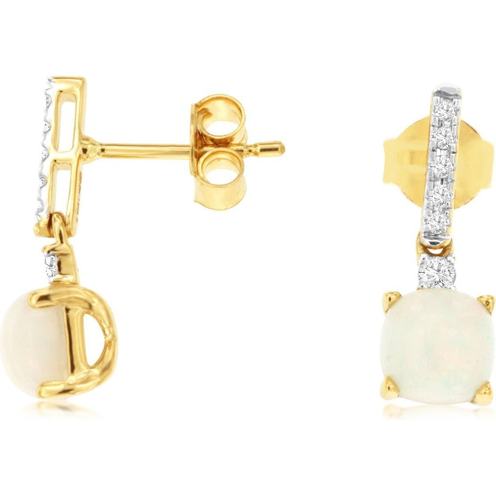 14K Yellow Gold Drop Earrings with Diamond Bar and Cabochon Opal - 0.14 Carat Total Diamond Weight and 1.20 Carat Total Opal Weight - Royal Jewelry