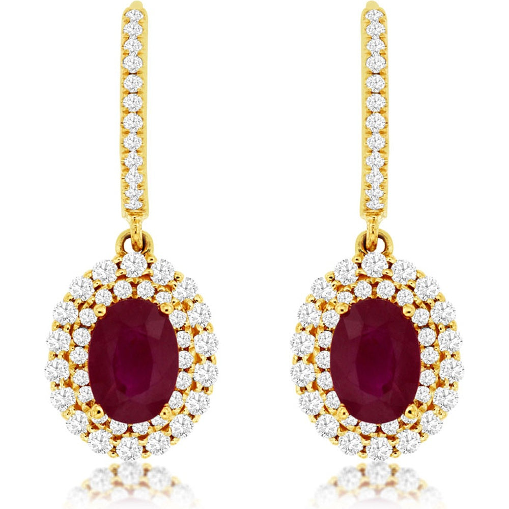14K Yellow Gold Drop Earrings with Double Halo Oval Rubies and Pave Diamonds - 1.80 Carat Total Ruby Weight and 0.85 Carat Total Diamond Weight - Royal Jewelry