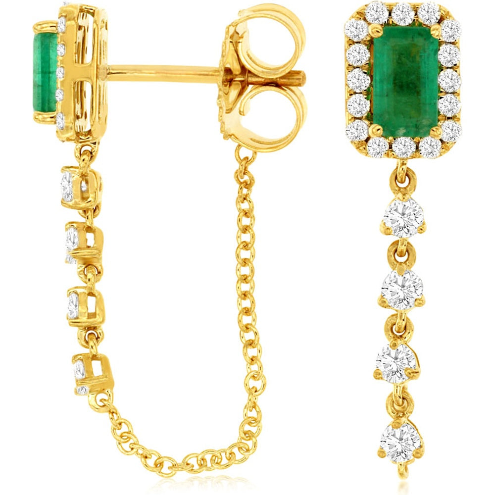 14K Yellow Gold Drop Earrings with Emerald-Cut Emeralds and Diamond Halo with Dangling Diamond Chain - 0.56 Carat Total Emerald Weight and 0.40 Carat Total Diamond Weight - Royal Jewelry