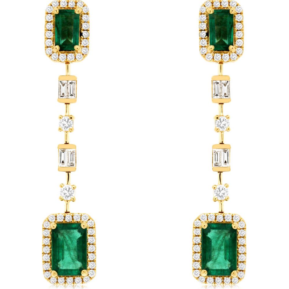 14K Yellow Gold Drop Earrings with Emerald Cut Emeralds & Round Diamond Halo - 2.27 Carats Total Gem Weight