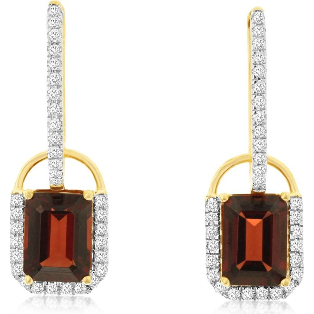 14K Yellow Gold Drop Earrings with Emerald-Cut Garnets and Diamond Halos - 1.40 Carat Total Garnet Weight and 0.26 Carat Total Diamond Weight - Royal Jewelry