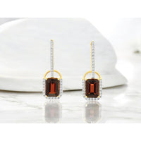 14K Yellow Gold Drop Earrings with Emerald-Cut Garnets and Diamond Halos - 1.40 Carat Total Garnet Weight and 0.26 Carat Total Diamond Weight - Royal Jewelry