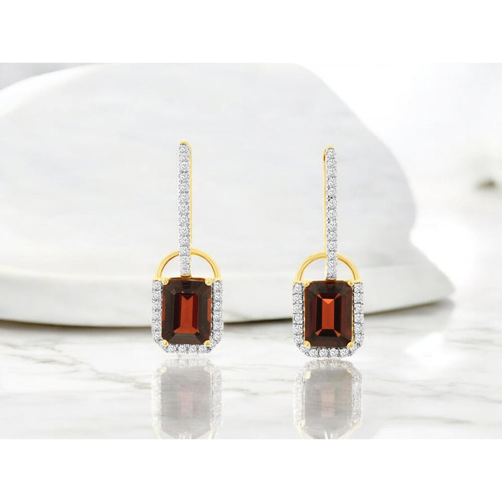 14K Yellow Gold Drop Earrings with Emerald-Cut Garnets and Diamond Halos - 1.40 Carat Total Garnet Weight and 0.26 Carat Total Diamond Weight - Royal Jewelry