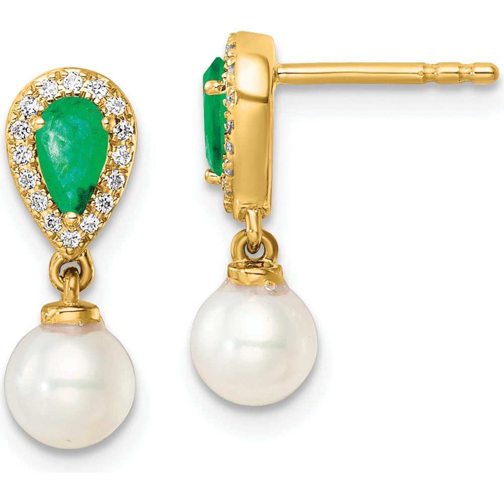 14K Yellow Gold Drop Earrings with Emerald, Pearl, and Diamond Accents - 0.60 Carat Total Diamond Weight by Monteluci Fine Jewelry