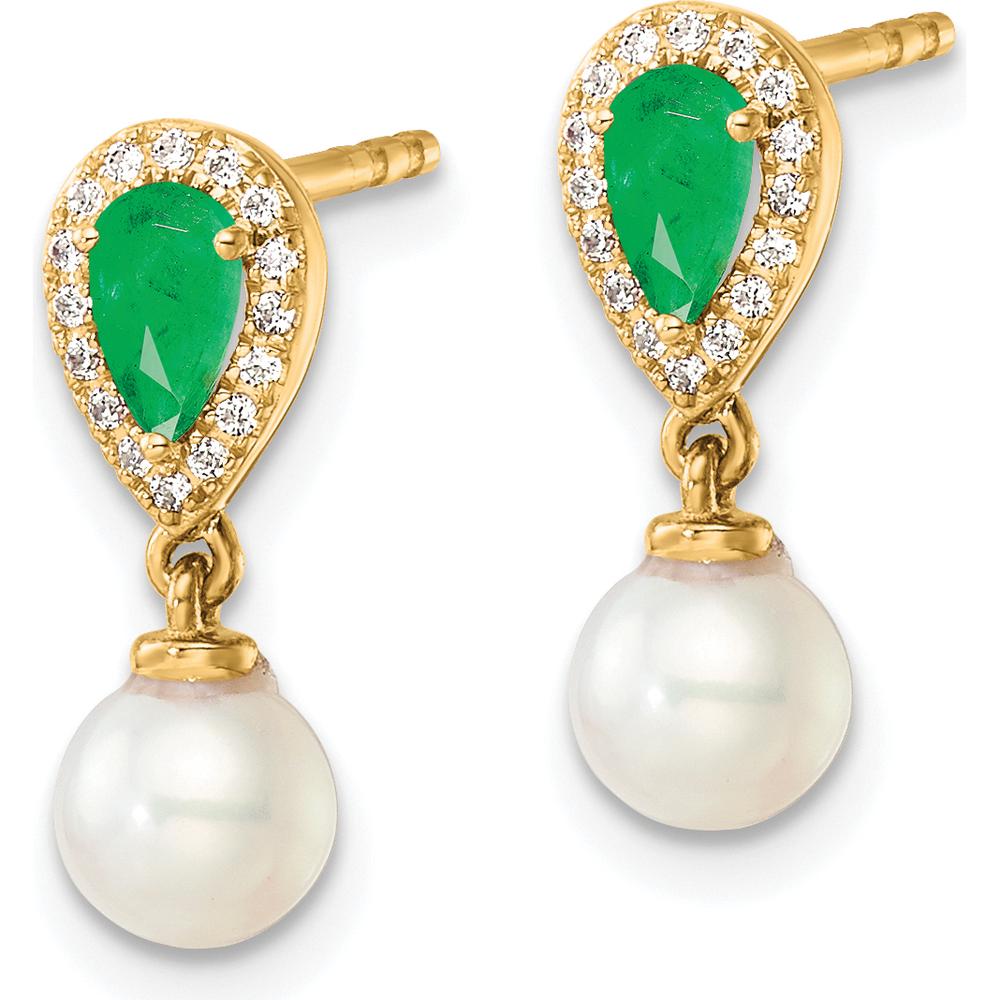 14K Yellow Gold Drop Earrings with Emerald, Pearl, and Diamond Accents - 0.60 Carat Total Diamond Weight by Monteluci Fine Jewelry