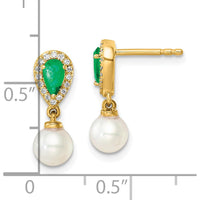 14K Yellow Gold Drop Earrings with Emerald, Pearl, and Diamond Accents - 0.60 Carat Total Diamond Weight by Monteluci Fine Jewelry