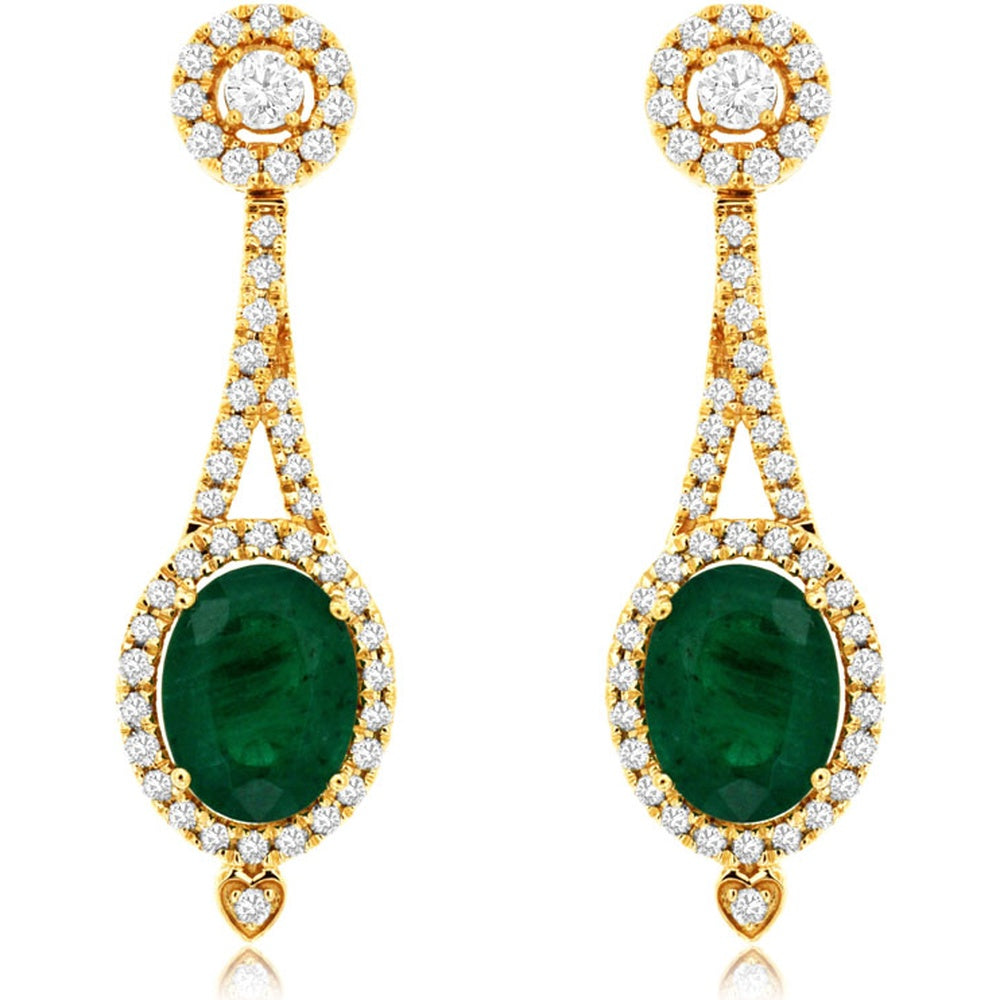 14K Yellow Gold Drop Earrings with Halo-Set Oval Emeralds and Round Diamond Accents - 2.20 Carat Total Emerald Weight and 0.63 Carat Total Diamond Weight - Royal Jewelry