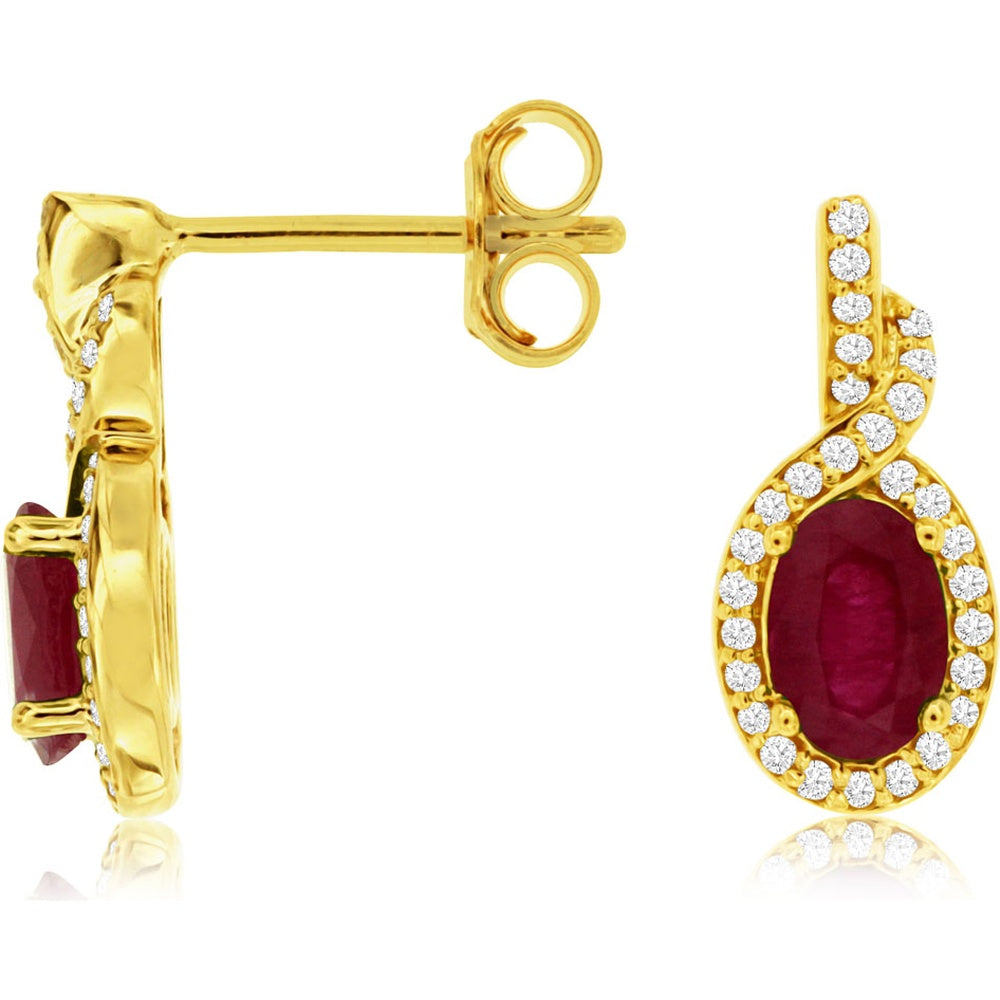 14K Yellow Gold Drop Earrings with Halo-Set Oval Rubies and Round Diamonds - 1.10 Carat Total Ruby Weight and 0.17 Carat Total Diamond Weight - Royal Jewelry
