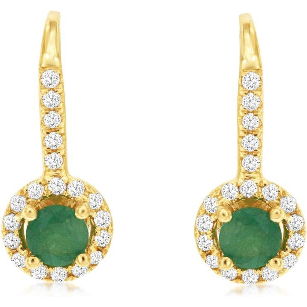 14K Yellow Gold Drop Earrings with Halo-Set Round Emeralds and Diamond Accents - 0.50 Carat Total Emerald Weight and 0.24 Carat Total Diamond Weight - Royal Jewelry