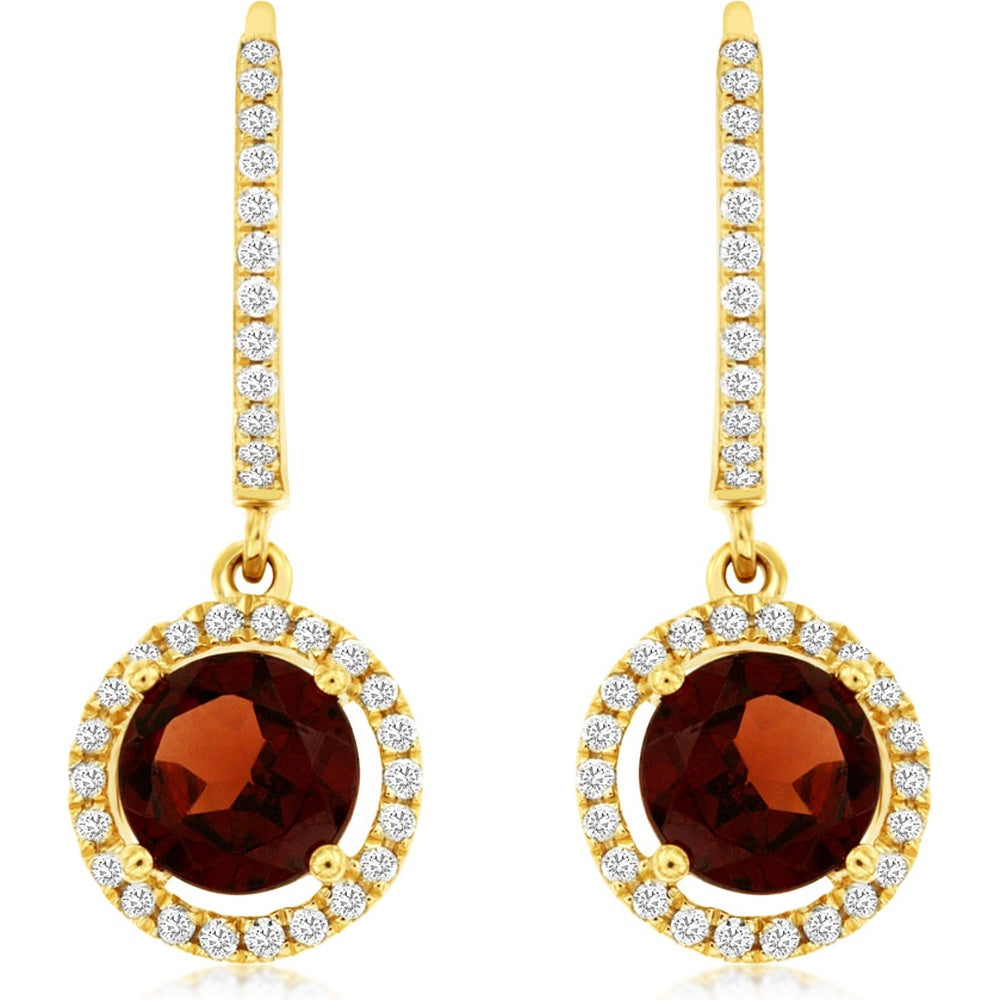 14K Yellow Gold Drop Earrings with Halo-Set Round Garnets and Pavé Diamonds - 1.90 Carat Total Garnet Weight and 0.26 Carat Total Diamond Weight - Royal Jewelry