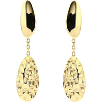 14K Yellow Gold Drop Earrings with Hammered Teardrop Design and Chain Accents
