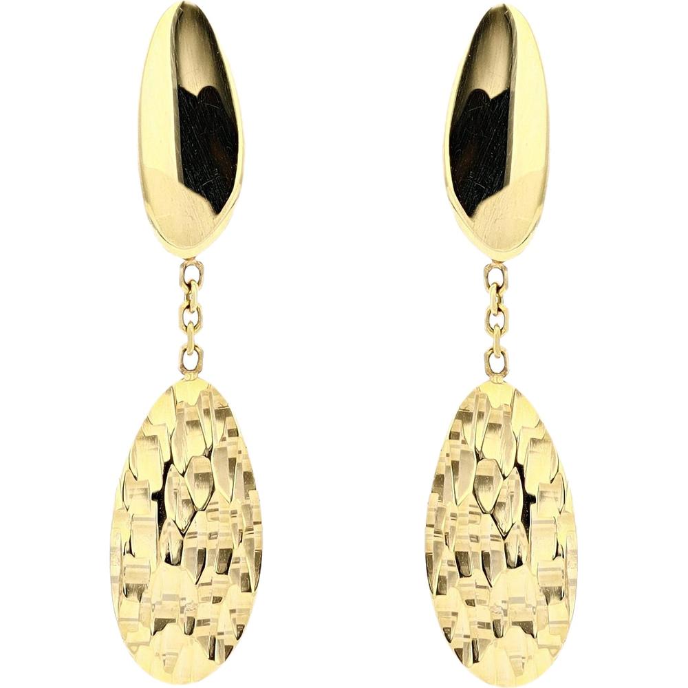 14K Yellow Gold Drop Earrings with Hammered Teardrop Design and Chain Accents