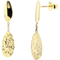14K Yellow Gold Drop Earrings with Hammered Teardrop Design and Chain Accents