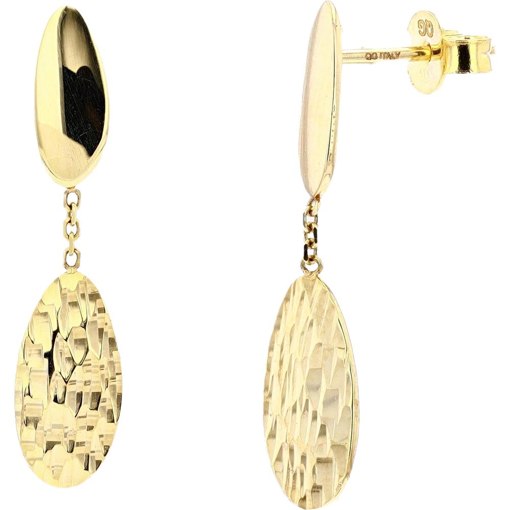14K Yellow Gold Drop Earrings with Hammered Teardrop Design and Chain Accents