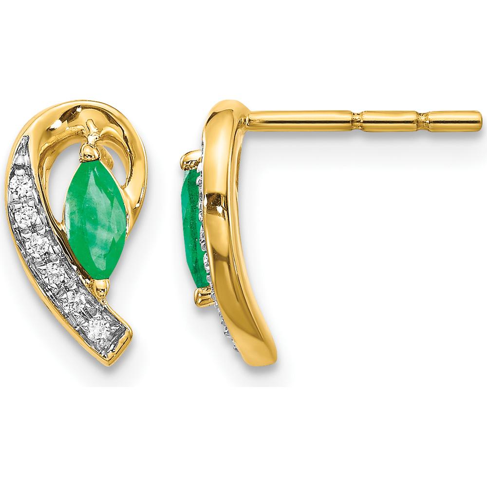 14K Yellow Gold Drop Earrings with Marquise Emerald and Round Diamonds - 0.16 Carat Total Emerald Weight, 0.02 Carat Total Diamond Weight by Monteluci Fine Jewelry
