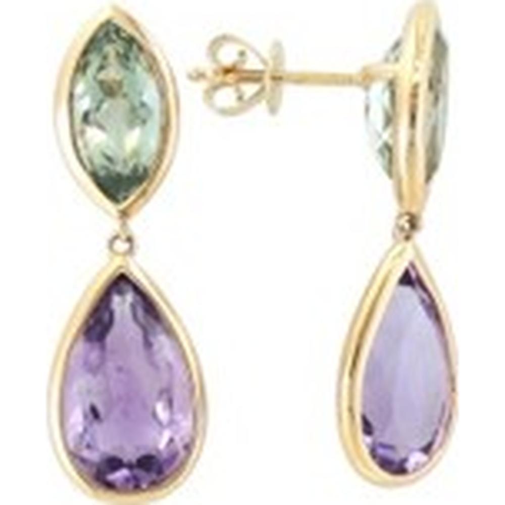 14K Yellow Gold Drop Earrings with Marquise Green Amethyst and Pear Amethyst Gemstones - 10.00 Carat Total Gem Weight