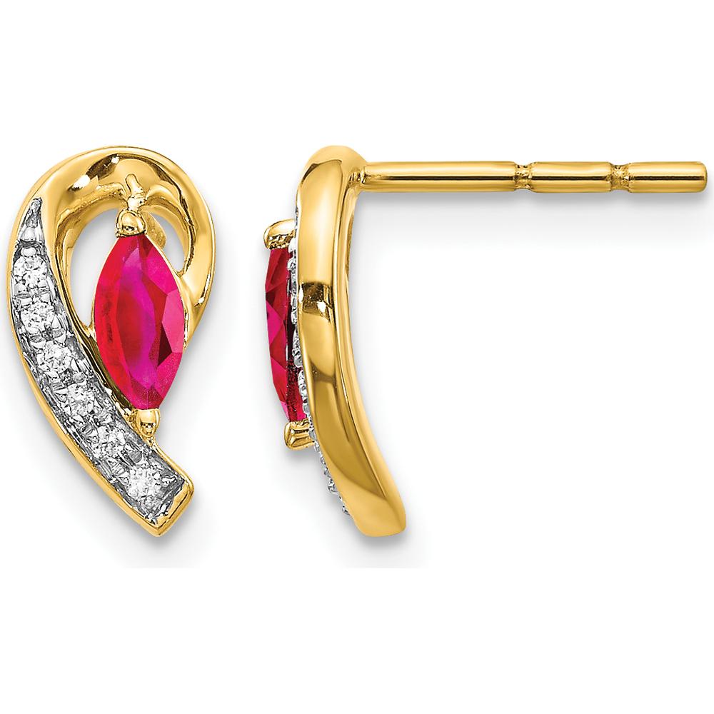 14K Yellow Gold Drop Earrings with Marquise Rubies and Round Diamonds - 0.16 Carat Ruby & 0.017 Carat Total Diamond Weight by Monteluci Fine Jewelry