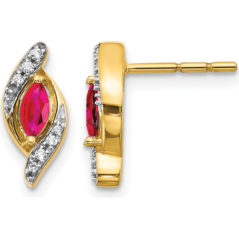 14K Yellow Gold Drop Earrings with Marquise Ruby and Round Diamonds - 0.18 Carat Total Ruby Weight, 0.02 Carat Total Diamond Weight by Monteluci Fine Jewelry