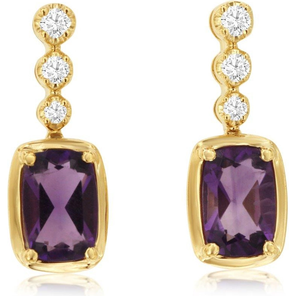 14K Yellow Gold Drop Earrings with Milgrain Bezel Round Diamonds and Cushion-Cut Amethysts - 0.10 Carat Total Diamond Weight and 0.95 Carat Total Amethyst Weight - Royal Jewelry