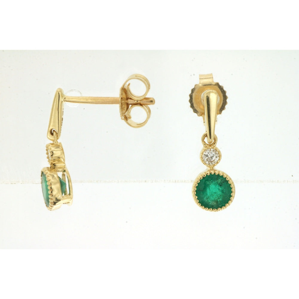 14K Yellow Gold Drop Earrings with Milgrain-Set Round Emeralds and Diamond Accents - 0.62 Carat Total Emerald Weight and 0.06 Carat Total Diamond Weight - Royal Jewelry
