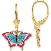 14K Yellow Gold Drop Earrings with Multicolor Enamel Butterfly Design by 0