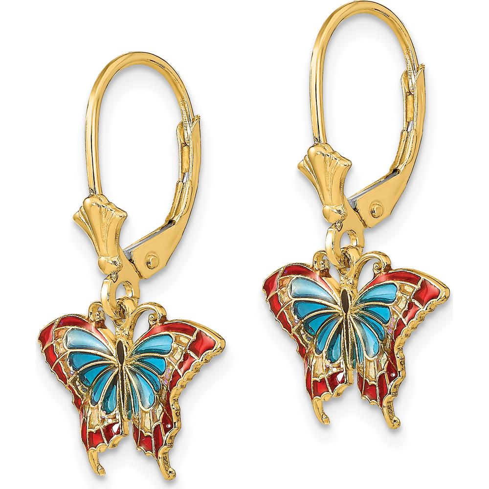 14K Yellow Gold Drop Earrings with Multicolor Enamel Butterfly Design by 0