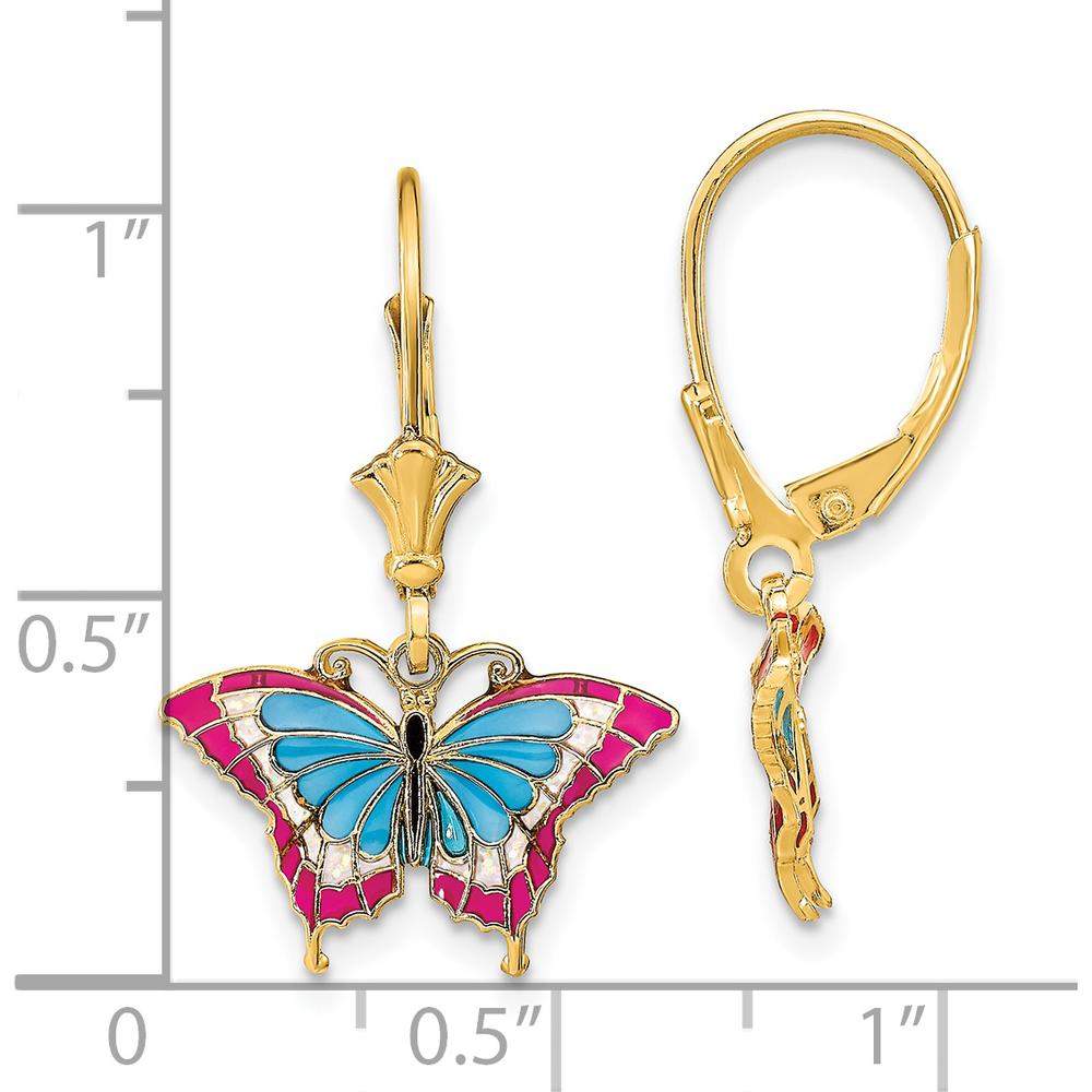 14K Yellow Gold Drop Earrings with Multicolor Enamel Butterfly Design by 0