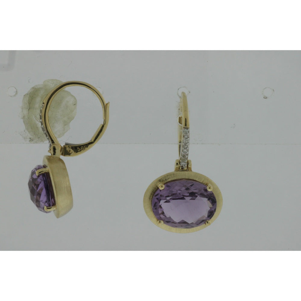 14K Yellow Gold Drop Earrings with Oval Amethysts and Diamond Accented Lever Backs - 7.50 Carat Total Amethyst Weight - Royal Jewelry
