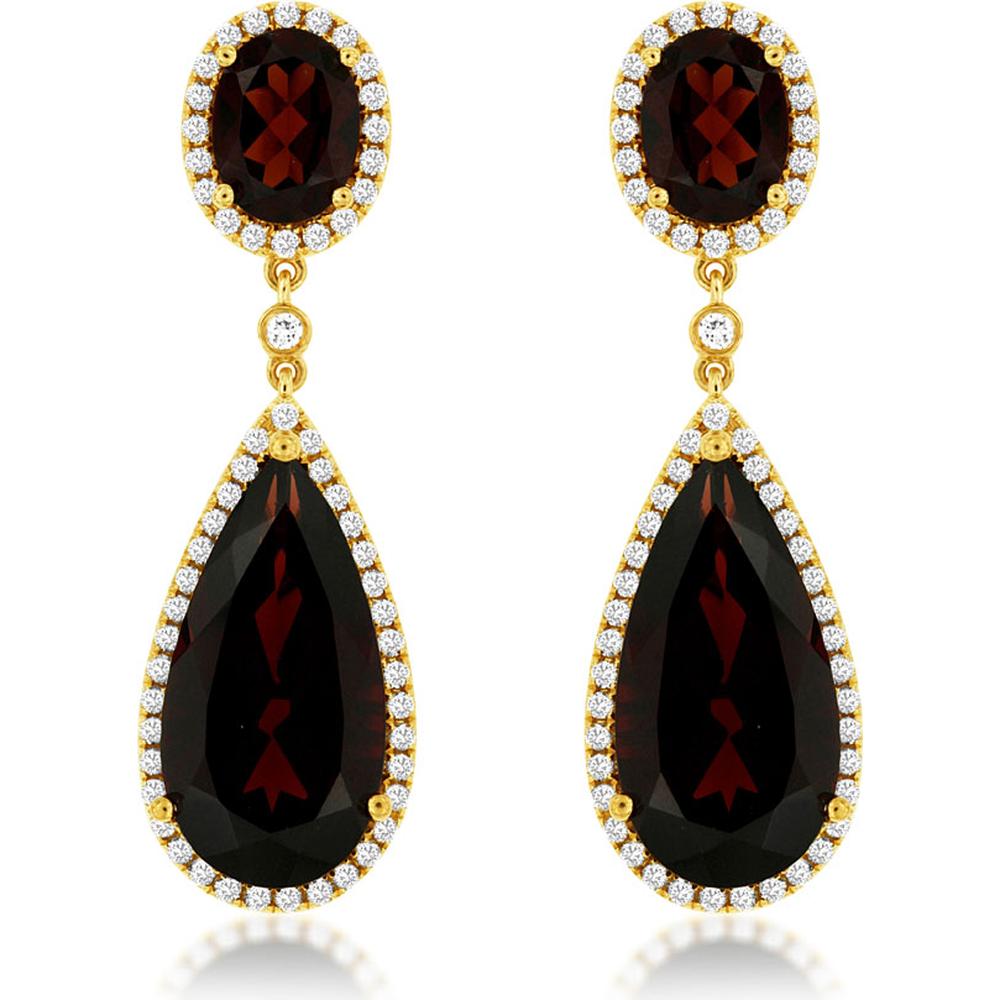 14K Yellow Gold Drop Earrings with Oval and Pear Cut Garnet Halos - 17.75 Total Carat Garnet Weight and 0.75 Total Carat Diamond Weight - Royal Jewelry