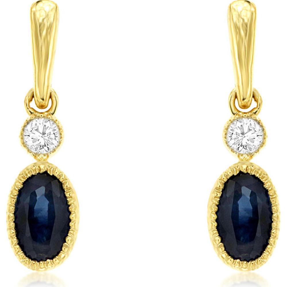 14K Yellow Gold Drop Earrings with Oval Blue Sapphires and Round Diamond Accents - 0.60 Carat Total Sapphire Weight and 0.05 Carat Total Diamond Weight - Royal Jewelry