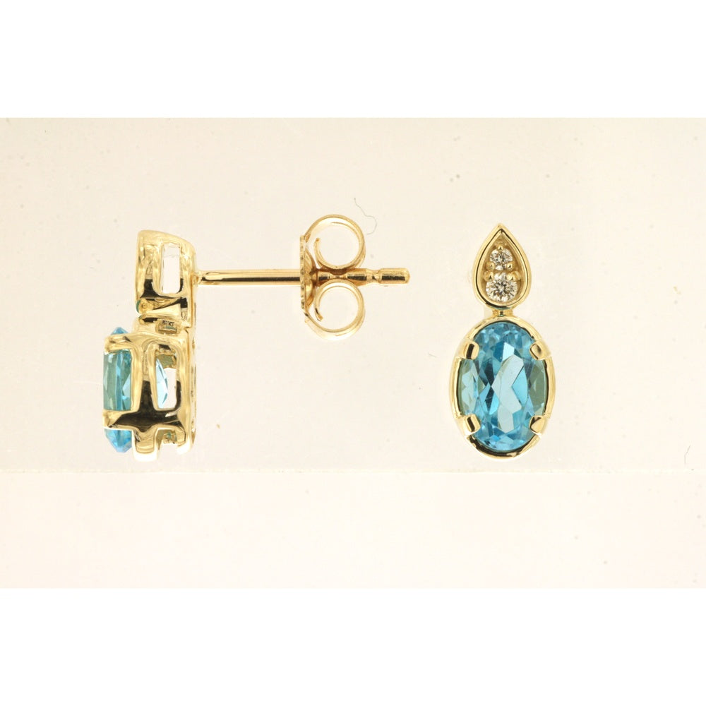 14K Yellow Gold Drop Earrings with Oval Blue Topaz and Diamond Accents - 1.08 Carat Total Blue Topaz Weight & 0.04 Carat Total Diamond Weight - Royal Jewelry