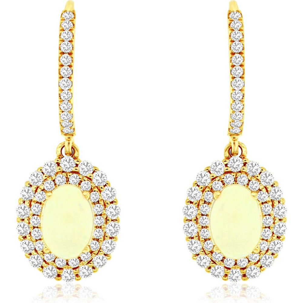 14K Yellow Gold Drop Earrings with Oval Cabochon Opals and Double Halo Round Diamonds - 1.00 Carat Total Opal Weight and 0.85 Carat Total Diamond Weight - Royal Jewelry