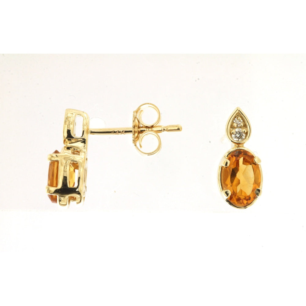 14K Yellow Gold Drop Earrings with Oval Citrine and Teardrop Diamond Accents - 0.78 Carat Total Citrine Weight and 0.04 Carat Total Diamond Weight - Royal Jewelry