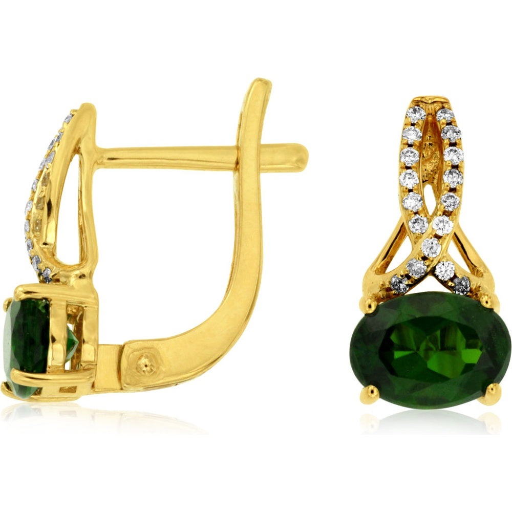 14K Yellow Gold Drop Earrings with Oval Cut Green Russalite and Round Diamond Accents - 1.90 Carat Total Russalite Weight and 0.10 Carat Total Diamond Weight - Royal Jewelry