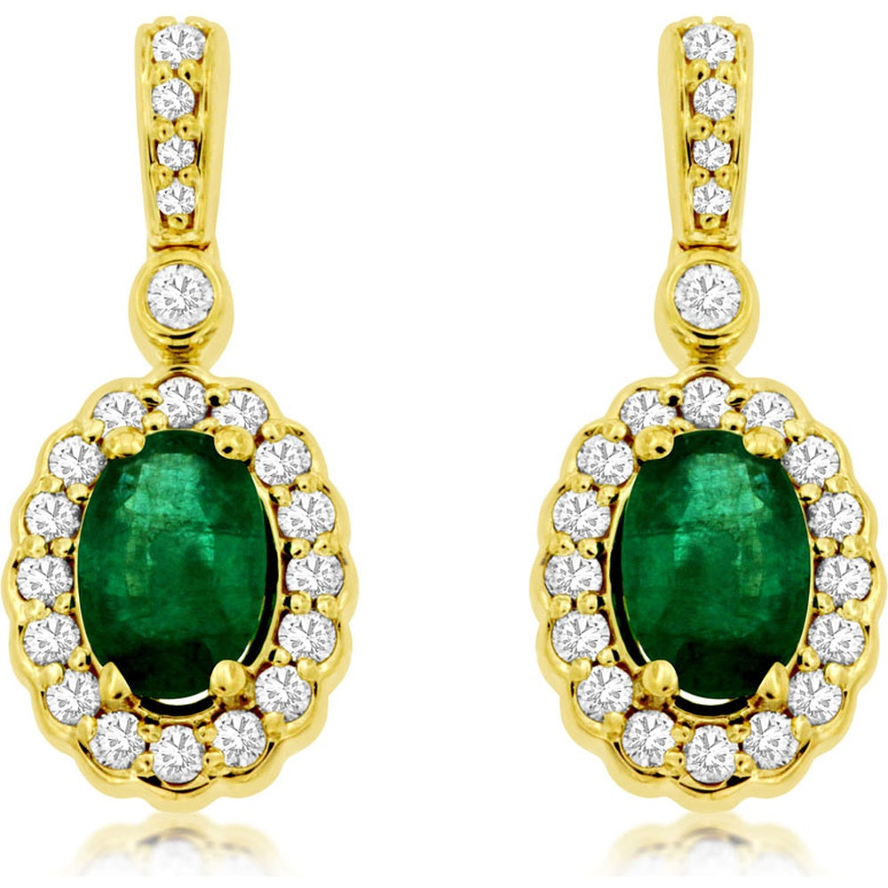 14K Yellow Gold Drop Earrings with Oval Emerald and Diamond Halo - 0.90 Carat Total Emerald Weight and 0.33 Carat Total Diamond Weight - Royal Jewelry
