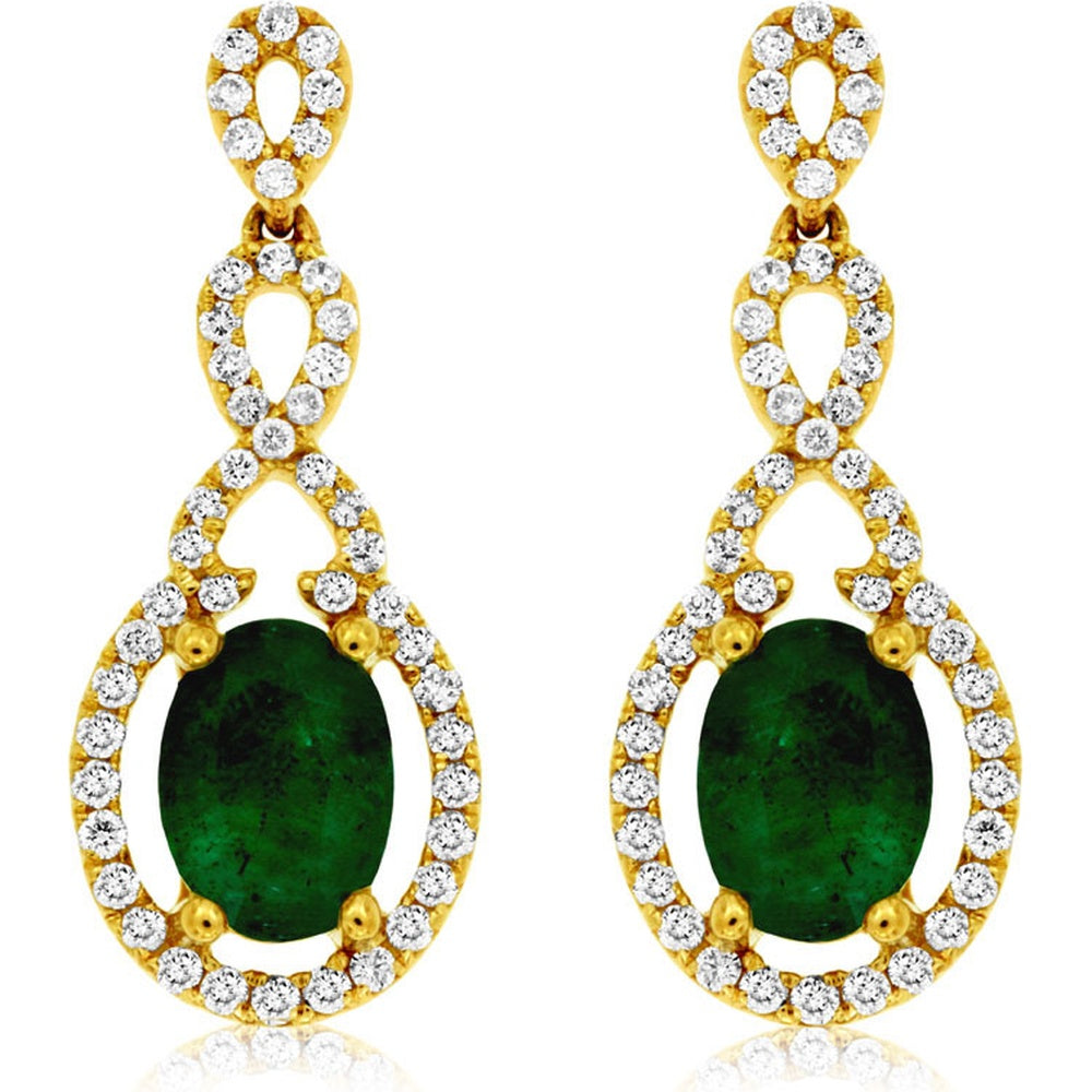 14K Yellow Gold Drop Earrings with Oval Emerald and Diamond Halo - 1.40 Carat Total Emerald Weight and 0.42 Carat Total Diamond Weight - Royal Jewelry