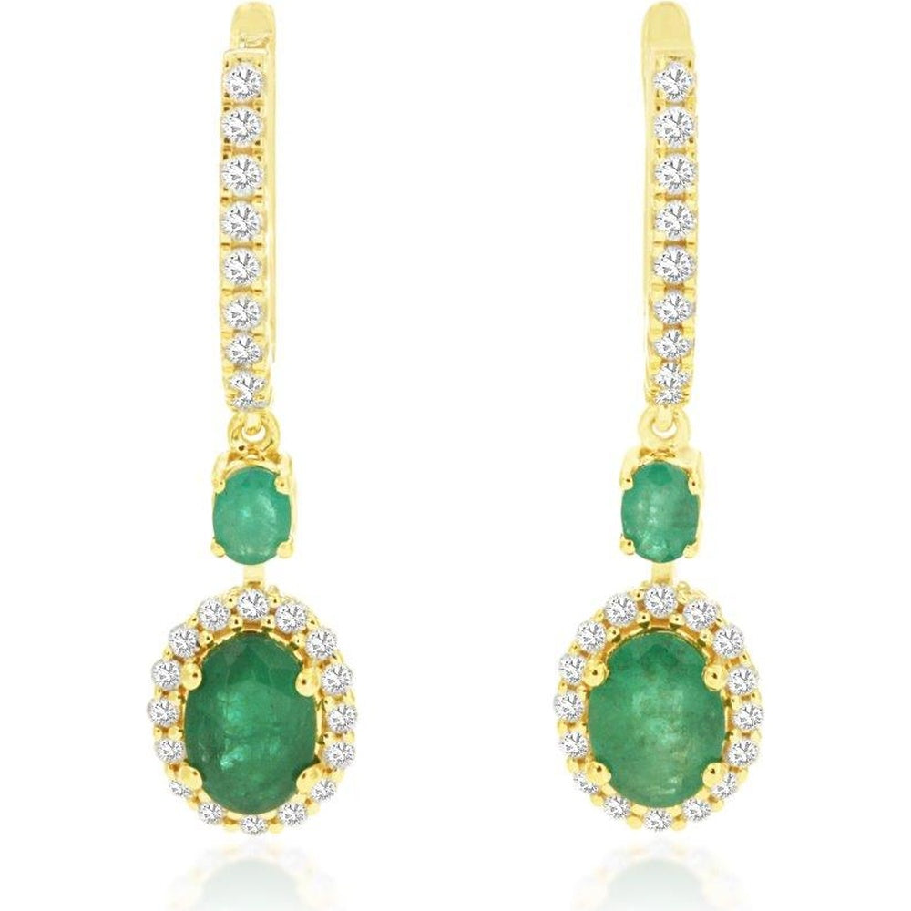 14K Yellow Gold Drop Earrings with Oval Emerald Halo and Diamond-Accented Hoops - 2.00 Carat Total Emerald Weight and 0.60 Carat Total Diamond Weight - Royal Jewelry