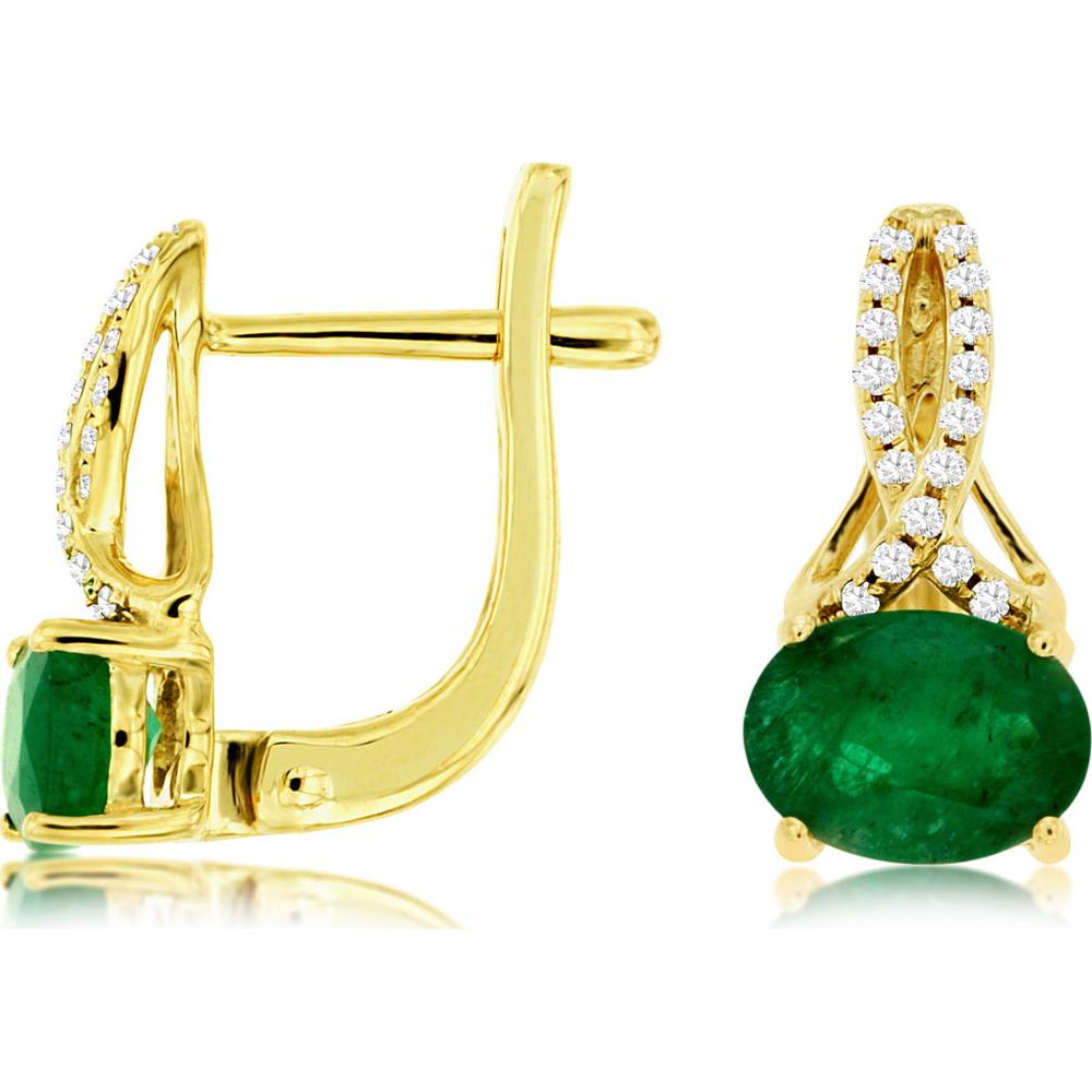 14K Yellow Gold Drop Earrings with Oval Emeralds and Diamond Accents - 1.40 Carat Total Emerald Weight, 0.10 Carat Total Diamond Weight - Royal Jewelry