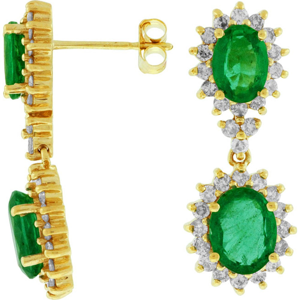14K Yellow Gold Drop Earrings with Oval Emeralds and Diamond Halo - 3.80 Carat Total Emerald Weight and 1.30 Carat Total Diamond Weight - Royal Jewelry