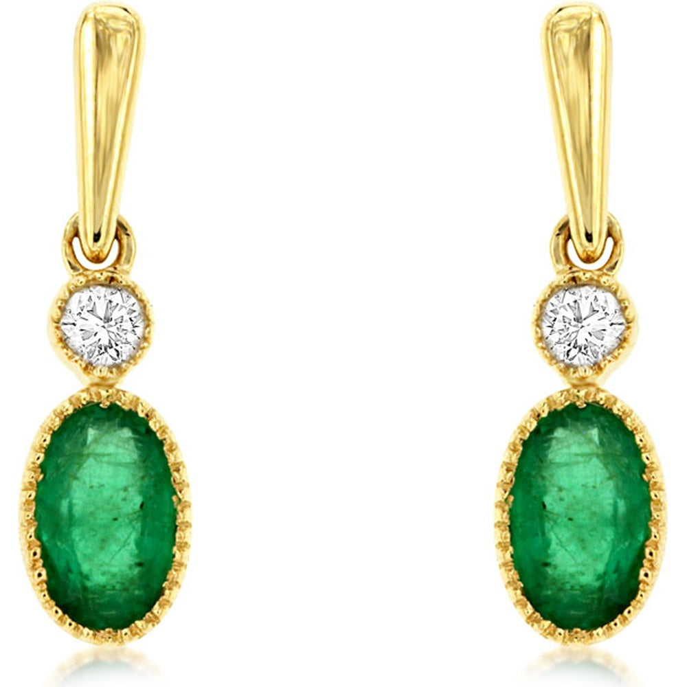 14K Yellow Gold Drop Earrings with Oval Emeralds and Round Diamond Accents - 0.41 Carat Total Emerald Weight and 0.05 Carat Total Diamond Weight - Royal Jewelry