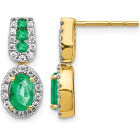 14K Yellow Gold Drop Earrings with Oval Emeralds and Round Diamond Halo - 0.42 Carat Total Emerald Weight, 0.08 Carat Total Diamond Weight by Monteluci Fine Jewelry