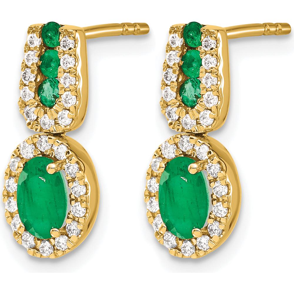 14K Yellow Gold Drop Earrings with Oval Emeralds and Round Diamond Halo - 0.42 Carat Total Emerald Weight, 0.08 Carat Total Diamond Weight by Monteluci Fine Jewelry