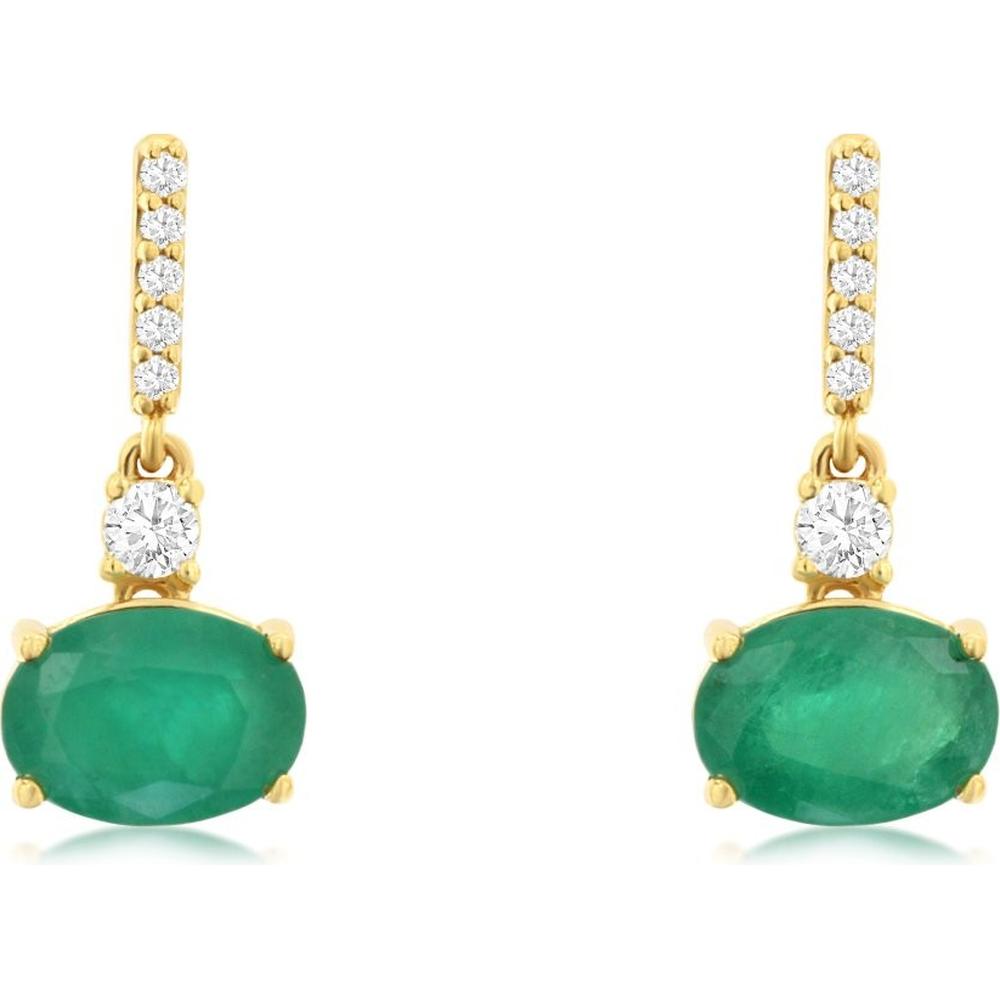 14K Yellow Gold Drop Earrings with Oval Emeralds and Round Diamonds - 1.50 Carat Total Emerald Weight and 0.14 Carat Total Diamond Weight - Royal Jewelry
