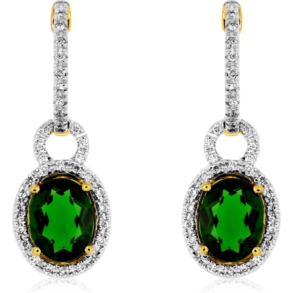 14K Yellow Gold Drop Earrings with Oval Green Russalite and Diamond Halo Accents - 2.60 Carat Total Russalite Weight, 0.28 Carat Total Diamond Weight - Royal Jewelry