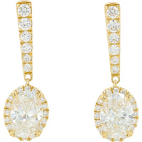14K Yellow Gold Drop Earrings with Oval Halo and Round Diamond Bar Accents - 1.50 Carat Total Lab Grown Diamond Weight