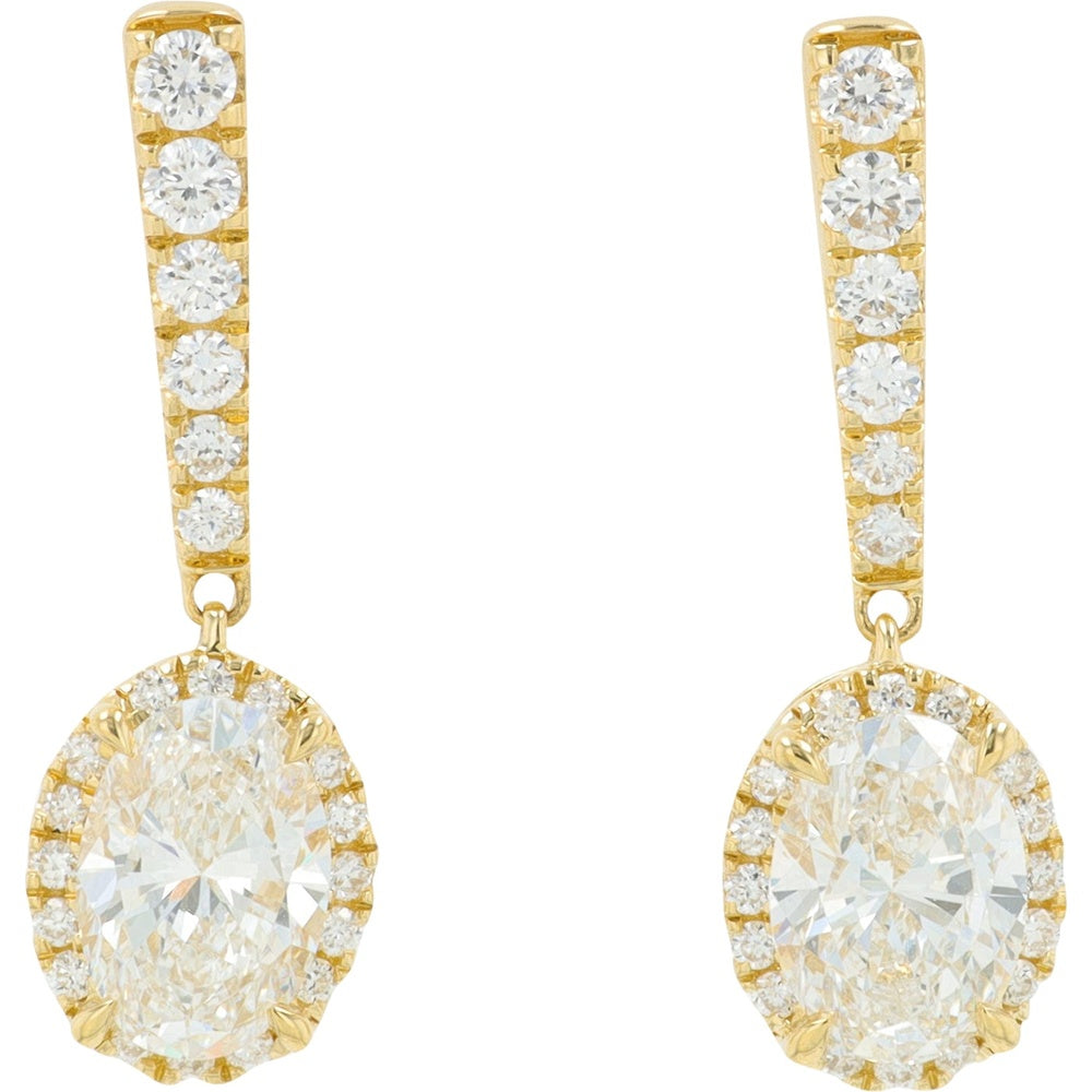 14K Yellow Gold Drop Earrings with Oval Halo and Round Diamond Bar Accents - 1.50 Carat Total Lab Grown Diamond Weight