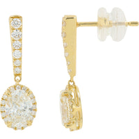 14K Yellow Gold Drop Earrings with Oval Halo and Round Diamond Bar Accents - 1.50 Carat Total Lab Grown Diamond Weight